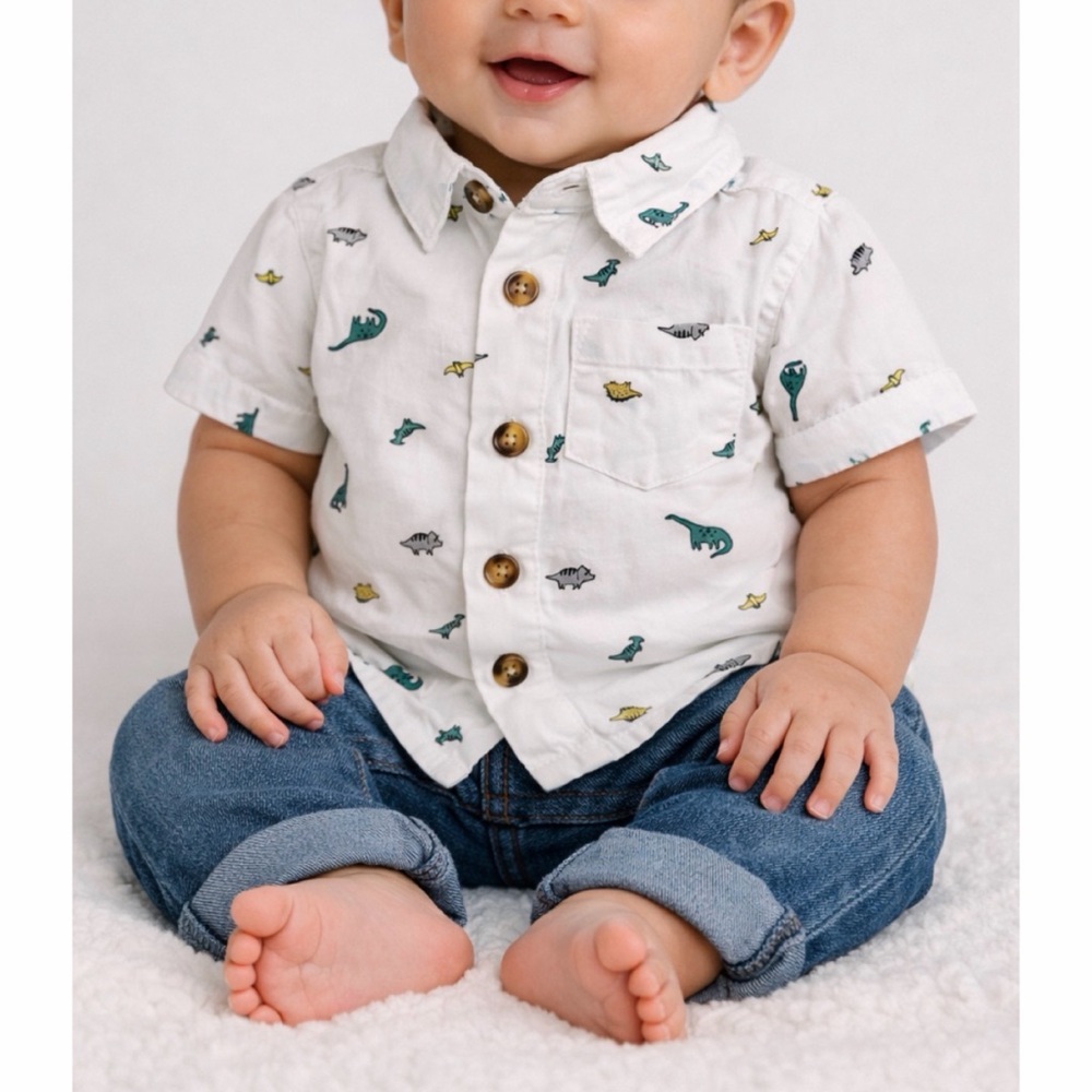 CARTER’S • White/Multi Dinosaur Print Button-Down Short Sleeve Shirt, 3M